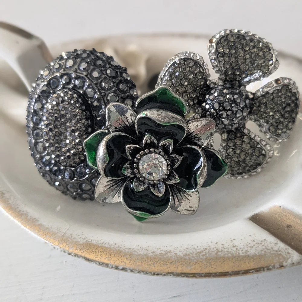 3 Adjustable Size Statement Rings Silver and Marcasite Floral